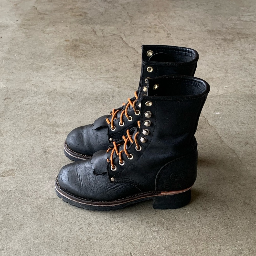 Georgia Logger 8" Black Leather Work Boots W/Speed Hooks & Lugged Soles/Heels